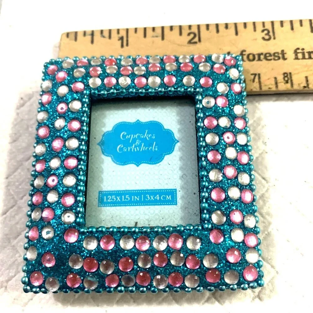 VTG Cupcakes‎ & Cartwheels Micro Picture Frame Blue Pink Crystals 1.25x1.5 Photo